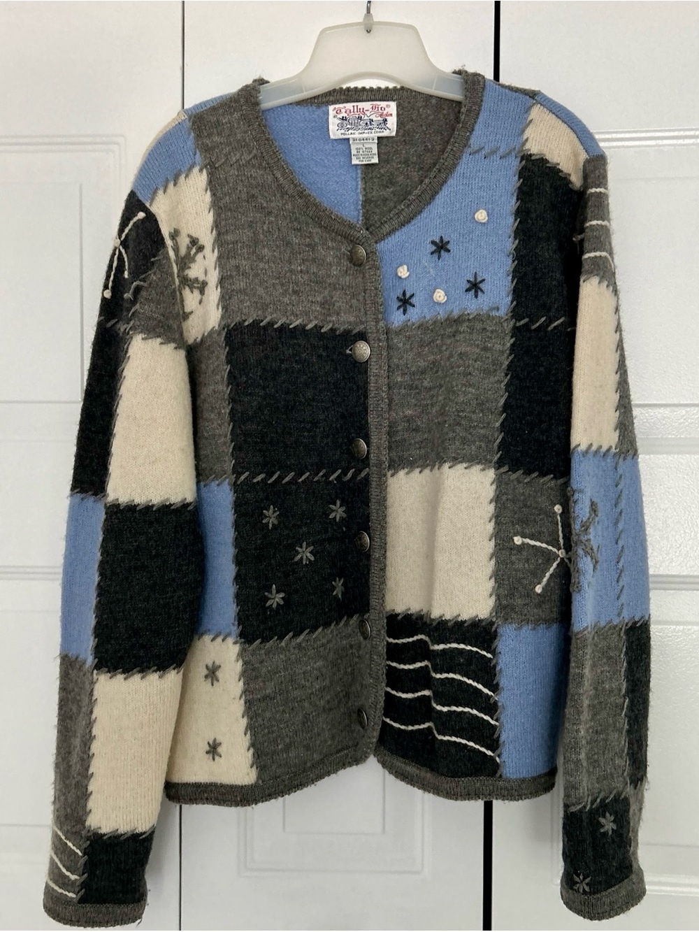 EUC Boiled Wool Cardigan, Patchwork Gray Blue Ivory Snowflake, by Tally Ho, L